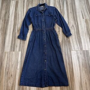 VTG 80's Dress Dark Wash Denim Jean Western Midi Shirt Dress 10 Teacher USA Twee